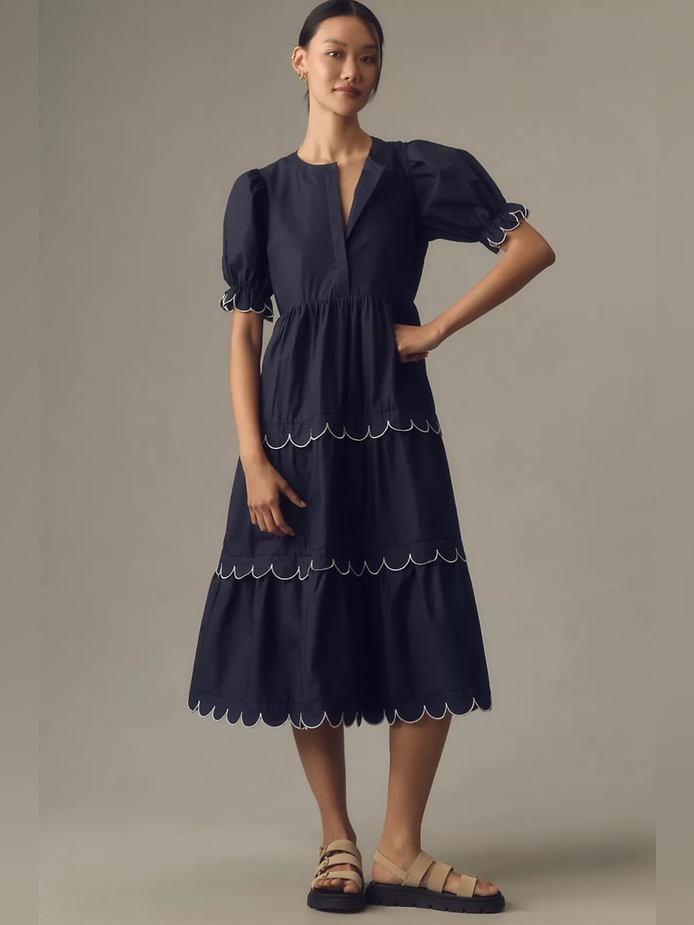 English Factory Navy Midi Dress with White Scallop Trim